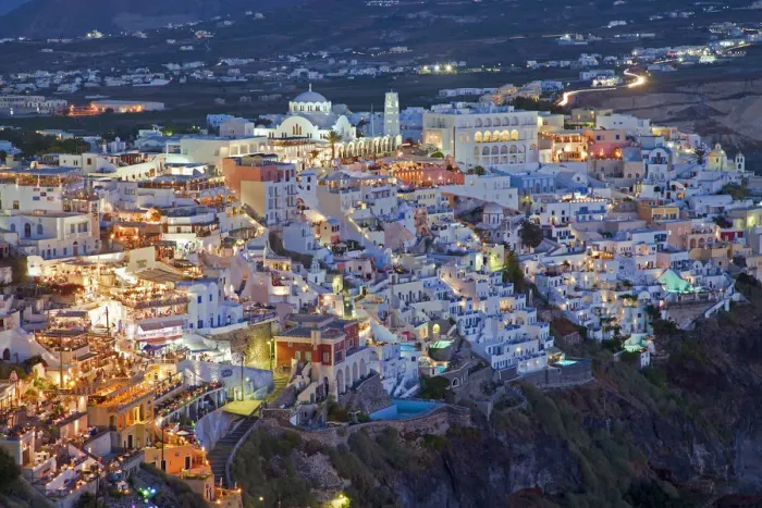Framed Print : Elevated view over the Volcanic landscape and main town of Fira, Santorini (Thira)