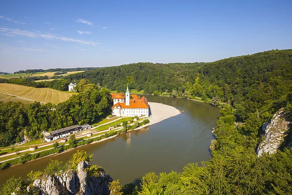 Elevated view over Weltenburg Abbey & The River Danube, Lower Bavaria, Bavaria, Germany
