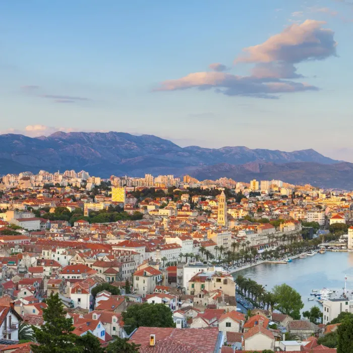 Framed Print : Elevevated view over the picturesque harbour city of Split illuminated at sunset, Split Framed Print : Elevevated view over the picturesque harbour city of Split illuminated at sunset, Split