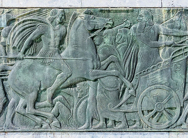 Embossment of the Battle of Issus in 333 B. C. where the army of Alexander the Great defeated the Persian king Darius III, Monument of Alexander the Great, Thessaloniki, Central Macedonia, Greece