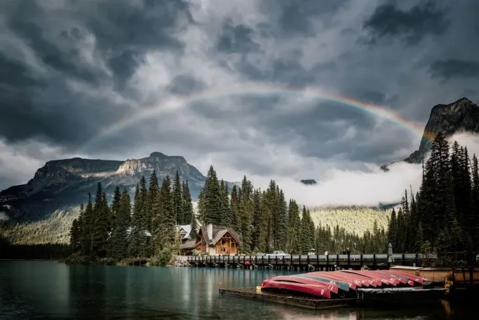 Framed Print : Emerald Lake in the Canadian Rockies, British Columbia, Canada. Canoa at sunset