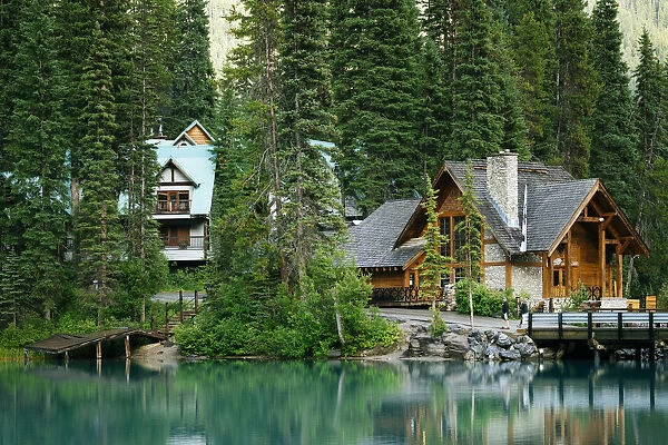 Emerald Lake in the Canadian Rockies, British Columbia, Canada. lodge in the woods