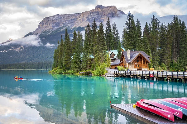 Emerald Lake in the Canadian Rockies, British Columbia, Canada. Canoa at sunset