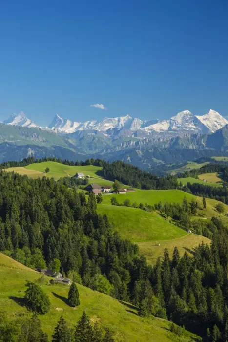 Framed Print : Emmental Valley and Swiss alps in the background, Berner Oberland, Switzerland Framed Print : Emmental Valley and Swiss alps in the background, Berner Oberland, Switzerland