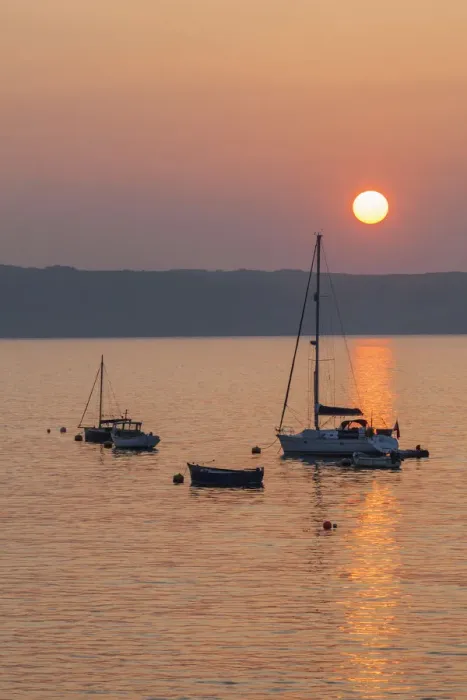 Framed Print : England, Cornwall, Sunrise over Yachts at Portscatho Framed Print : England, Cornwall, Sunrise over Yachts at Portscatho