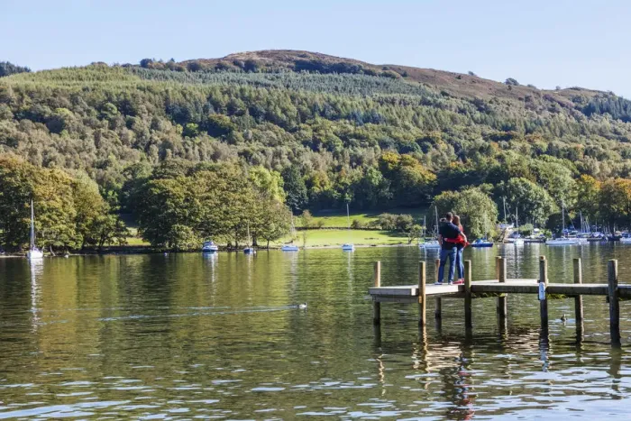 Framed Print : England, Cumbria, Lake District, Windermere, Lakeside, Couple on Wooden Jetty Framed Print : England, Cumbria, Lake District, Windermere, Lakeside, Couple on Wooden Jetty