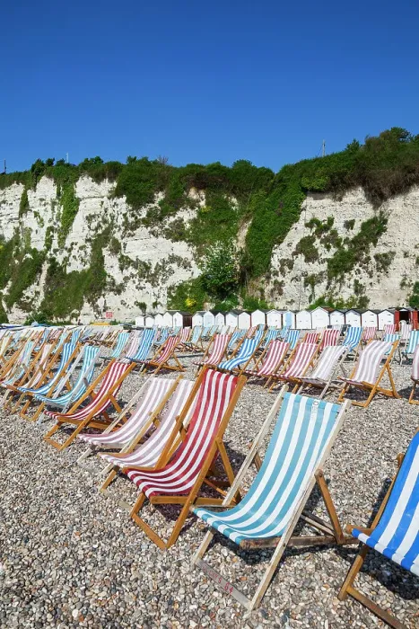 Framed Print : England, Devon, Beer, Deckchairs on Beach Framed Print : England, Devon, Beer, Deckchairs on Beach