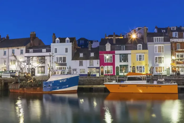 Framed Print : England, Dorset, Weymouth, Weymouth Harbour at Night Framed Print : England, Dorset, Weymouth, Weymouth Harbour at Night