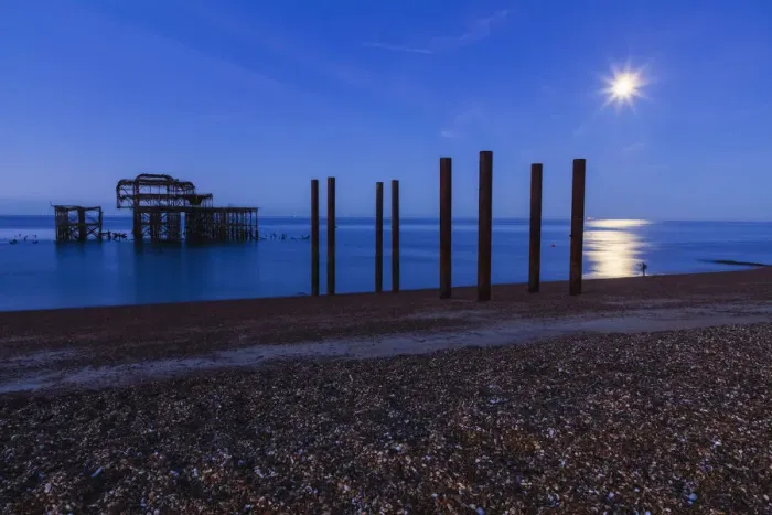 Framed Print : England, East Sussex, Brighton, , Brighton Beach, The Ruins of West Pier at Night Framed Print : England, East Sussex, Brighton, , Brighton Beach, The Ruins of West Pier at Night