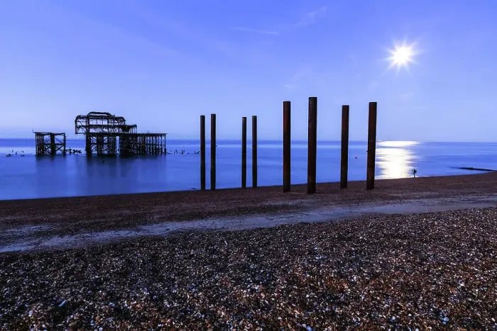 Framed Print : England, East Sussex, Brighton, , Brighton Beach, The Ruins of West Pier at Night Framed Print : England, East Sussex, Brighton, , Brighton Beach, The Ruins of West Pier at Night