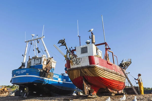England, East Sussex, Hastings, The Stade, Fishing Boat on Beach