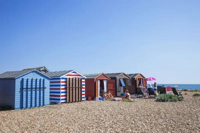 Framed Print : England, Hampshire, Hayling Island, Beach and Groin, Beach Huts Framed Print : England, Hampshire, Hayling Island, Beach and Groin, Beach Huts