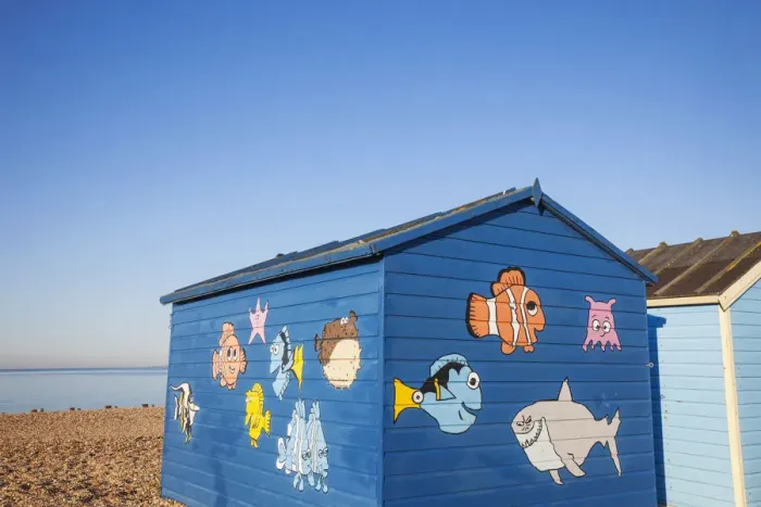 Framed Print : England, Hampshire, Hayling Island, Beach and Groin, Beach Huts