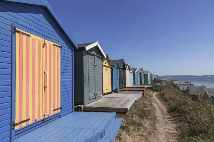 Framed Print : England, Hampshire, New Forest, Milton on Sea, Colourful Beach Huts Framed Print : England, Hampshire, New Forest, Milton on Sea, Colourful Beach Huts