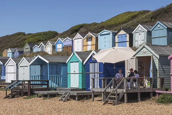 England, Hampshire, New Forest, Milton on Sea, Colourful Beach Huts