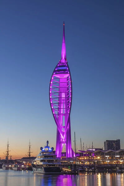 England, Hampshire, Portsmouth, Spinnaker Tower and City Skyline Illuminated at Night