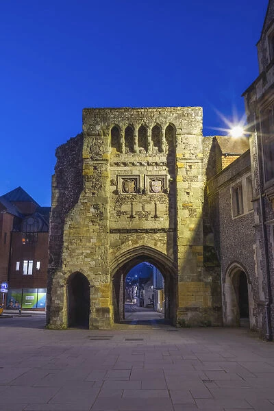 England, Hampshire, Winchester, The Medieval Westgate Illuminated at Night