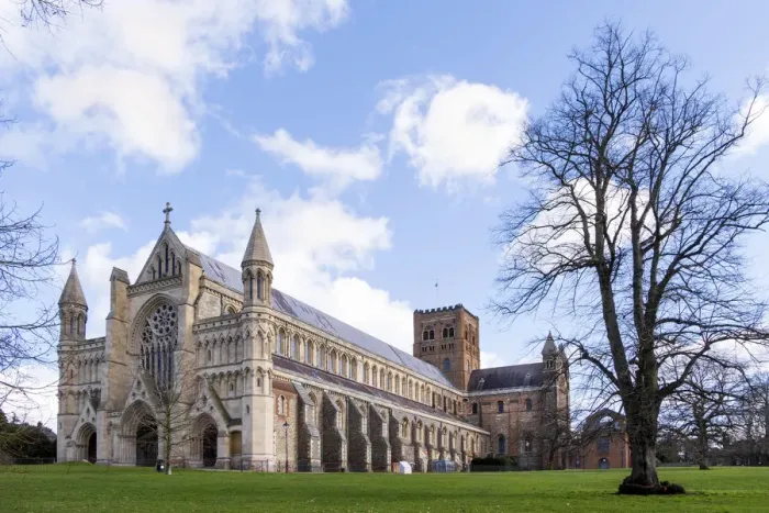 Framed Print : England, Hertfordshire, St. Albans. The exterior of the medival cathedral of St