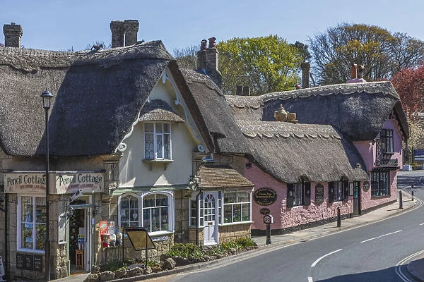 England, Isle of Wight, Shanklin Old Village, Thatched Buildings and Empty Road