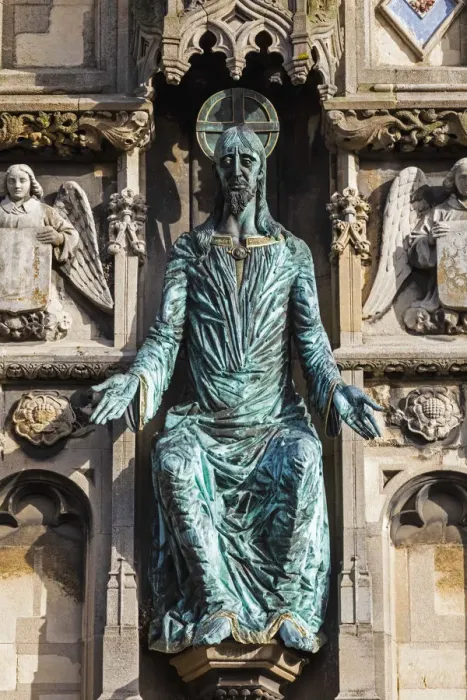 Framed Print : England, Kent, Canterbury, Canterbury Cathedral, Bronze Figure of Christ On Cathedral