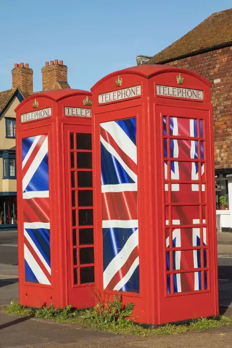 Framed Print : England, Kent, Canterbury, Traditional Red Telephone Boxes with Union Jack Flagred Framed Print : England, Kent, Canterbury, Traditional Red Telephone Boxes with Union Jack Flagred