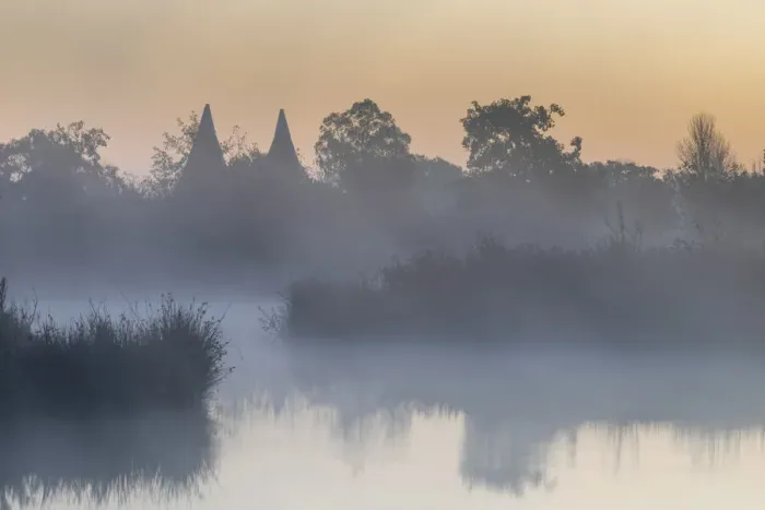 Framed Print : England, Kent, Converted Oast Houses aka Oasts and Lake with Morning Mist near Tunbridge Wells Framed Print : England, Kent, Converted Oast Houses aka Oasts and Lake with Morning Mist near Tunbridge Wells