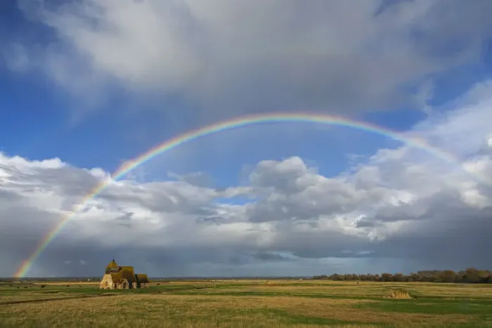 Framed Print : England, Kent, Romney Marsh, Fairfield, St. Thomas Becket Church and Rainbow Framed Print : England, Kent, Romney Marsh, Fairfield, St. Thomas Becket Church and Rainbow