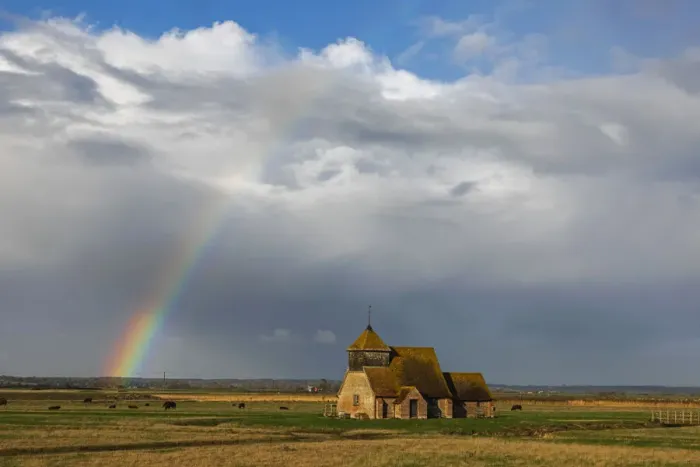 Framed Print : England, Kent, Romney Marsh, Fairfield, St. Thomas Becket Church and Rainbow Framed Print : England, Kent, Romney Marsh, Fairfield, St. Thomas Becket Church and Rainbow