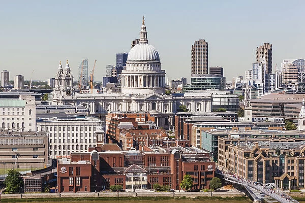 England, London, Aerial View of St Pauls Cathedral and River Thames