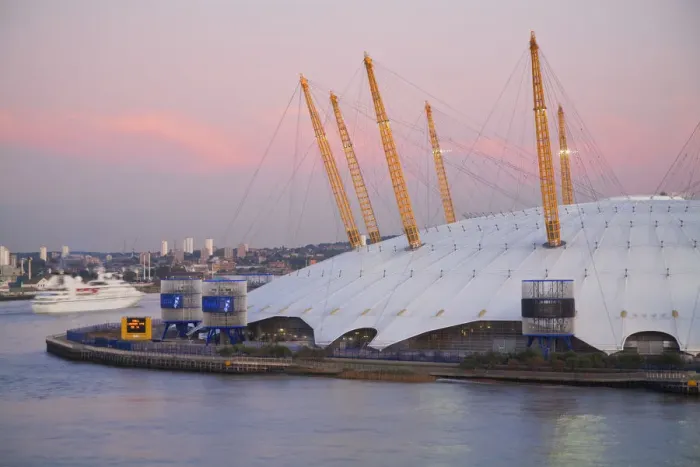 Framed Print : England, London, Ariel view of Cruise ship passing O2 Arena, (Millennium Dome) Framed Print : England, London, Ariel view of Cruise ship passing O2 Arena, (Millennium Dome)