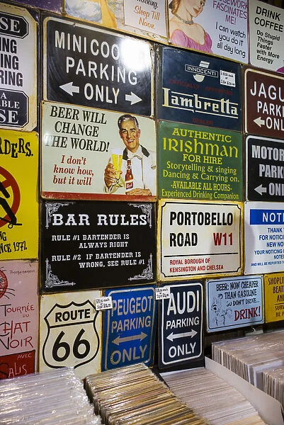 England, London, Camden, Camden Market, antique enamel signs