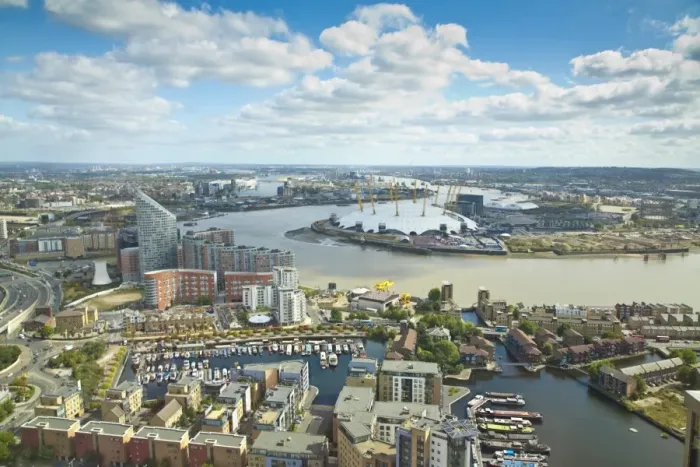 Framed Print : England, London, Canary Wharf, London skyline towards Poplar Wharf & Marina