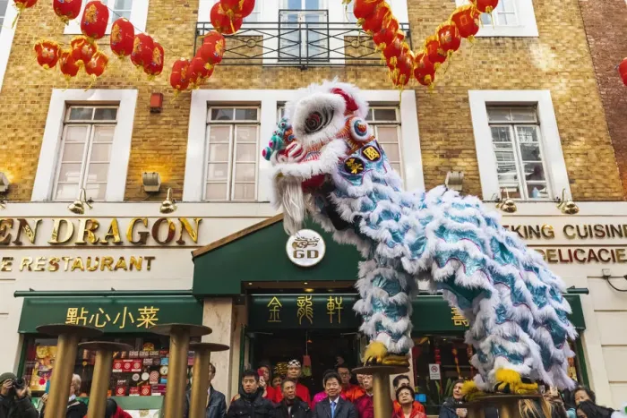 Framed Print : England, London, Chinatown, Chinese New Year Parade, Lion Dance