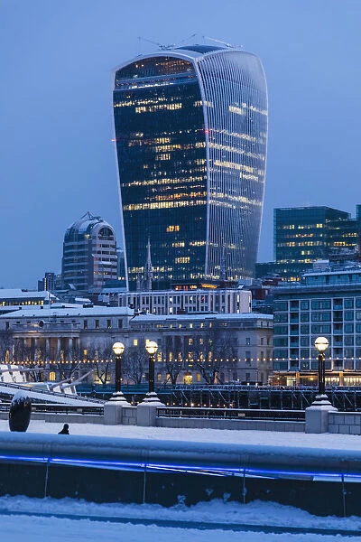 England, London, City of London, Walkie Talkie Building and City Skyline in The Snow