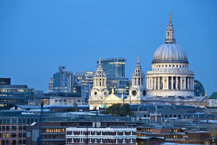 Framed Print : England, London, City skyline looking towards St Pauls Cathedral at twilight Framed Print : England, London, City skyline looking towards St Pauls Cathedral at twilight
