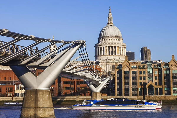 England, London, The City, St. Pauls Cathedral and Millenium Bridge