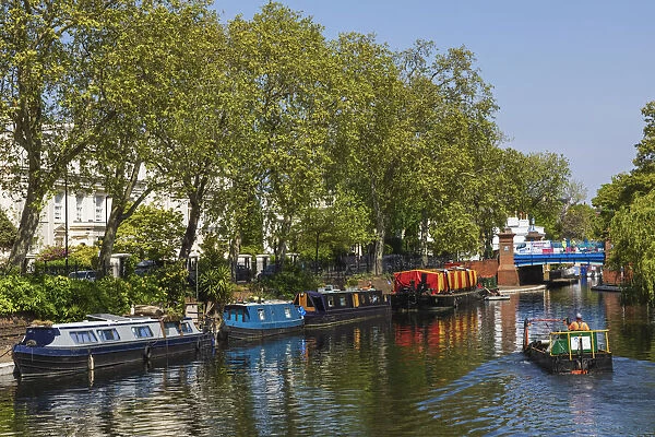 England, London, City of Westminster, Little Venice, Colourful Narrow Boats and Canal
