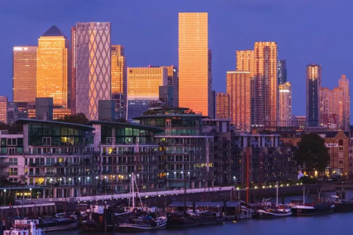 Framed Print : England, London, Docklands, Late Evening Light on Canary Wharf Skyline and River Thames Framed Print : England, London, Docklands, Late Evening Light on Canary Wharf Skyline and River Thames