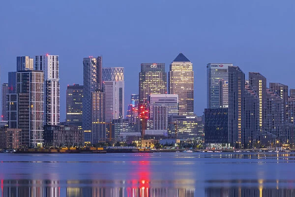England, London, Docklands, River Thames and Canary Wharf Skyline at Night
