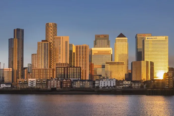 Framed Print : England, London, Docklands, River Thames and Warm Early Morning Light on The Modern Canary Wharf Skyline