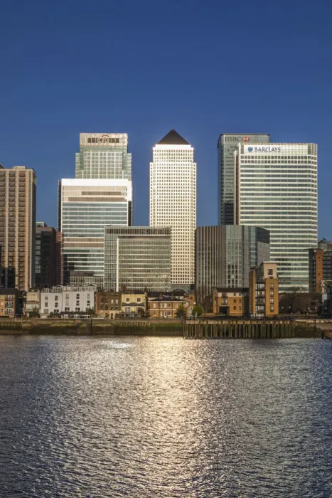 Framed Print : England, London, Docklands, River Thames and Warm Early Morning Light on The Modern Canary Wharf Skyline