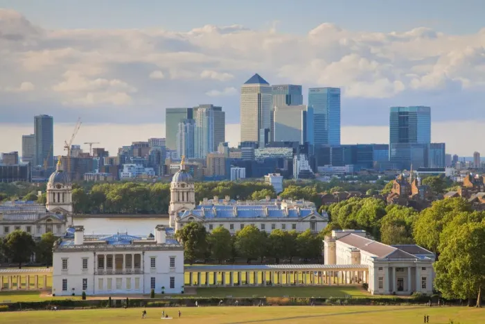 Framed Print : England, London, Greenwhich, Old Royal Naval College and Canary Wharf beyond