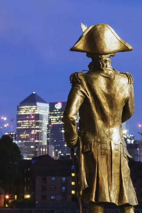 Framed Print : England, London, Greenwich, Statue of Admiral Lord Nelson and The Docklands Skyline Framed Print : England, London, Greenwich, Statue of Admiral Lord Nelson and The Docklands Skyline