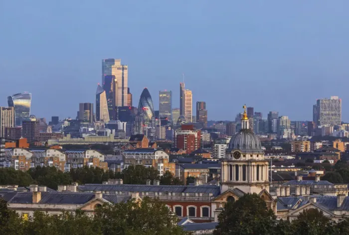 Framed Print : England, London, Greenwich, View of London City Skyline from Greenwich Park Framed Print : England, London, Greenwich, View of London City Skyline from Greenwich Park