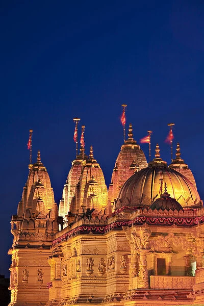 England, London, Neasden, Shri Swaminarayan Mandir Temple illuminated for Hindu Festival