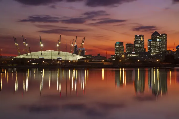 Framed Print : England, London, Newham, O2 Arena and Canary Wharf buildings reflecting in Royal Framed Print : England, London, Newham, O2 Arena and Canary Wharf buildings reflecting in Royal