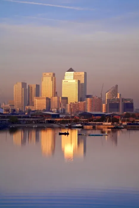 Framed Print : England, London, Newham, Royal Victoria Docks, Canary Wharf buildings at dawn Framed Print : England, London, Newham, Royal Victoria Docks, Canary Wharf buildings at dawn