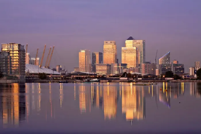 Framed Print : England, London, Newham, Royal Victoria Docks, Canary Wharf buildings and O2 Arena
