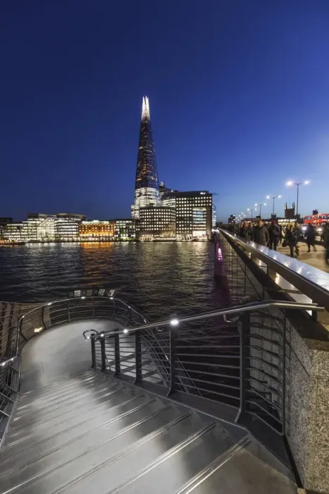 Framed Print : England, London, Night View of London Bridge Steps and The Shard