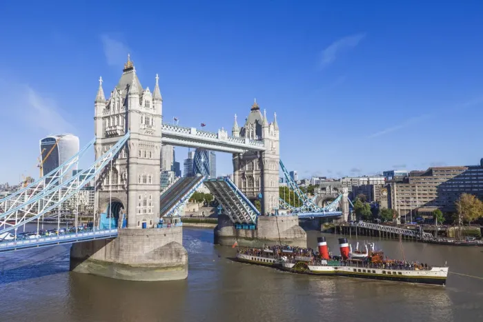 Framed Print : England, London, Paddle Steamer Waverley Passing Under Tower Bridge Framed Print : England, London, Paddle Steamer Waverley Passing Under Tower Bridge